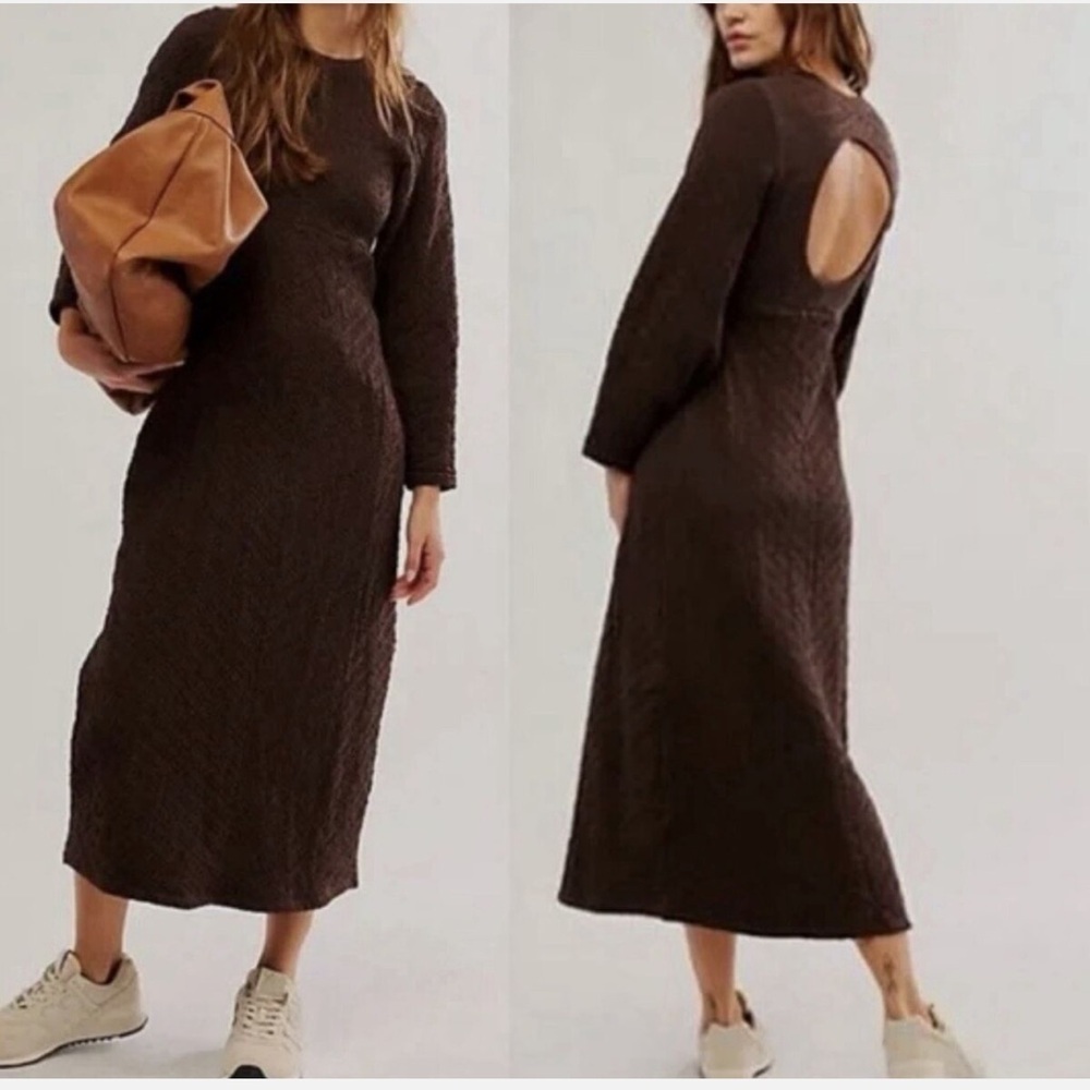 Free People Gabby Seamless Midi Dress Fall Textured Long-Sleeve Open Back  XS S - Picture 3 of 9